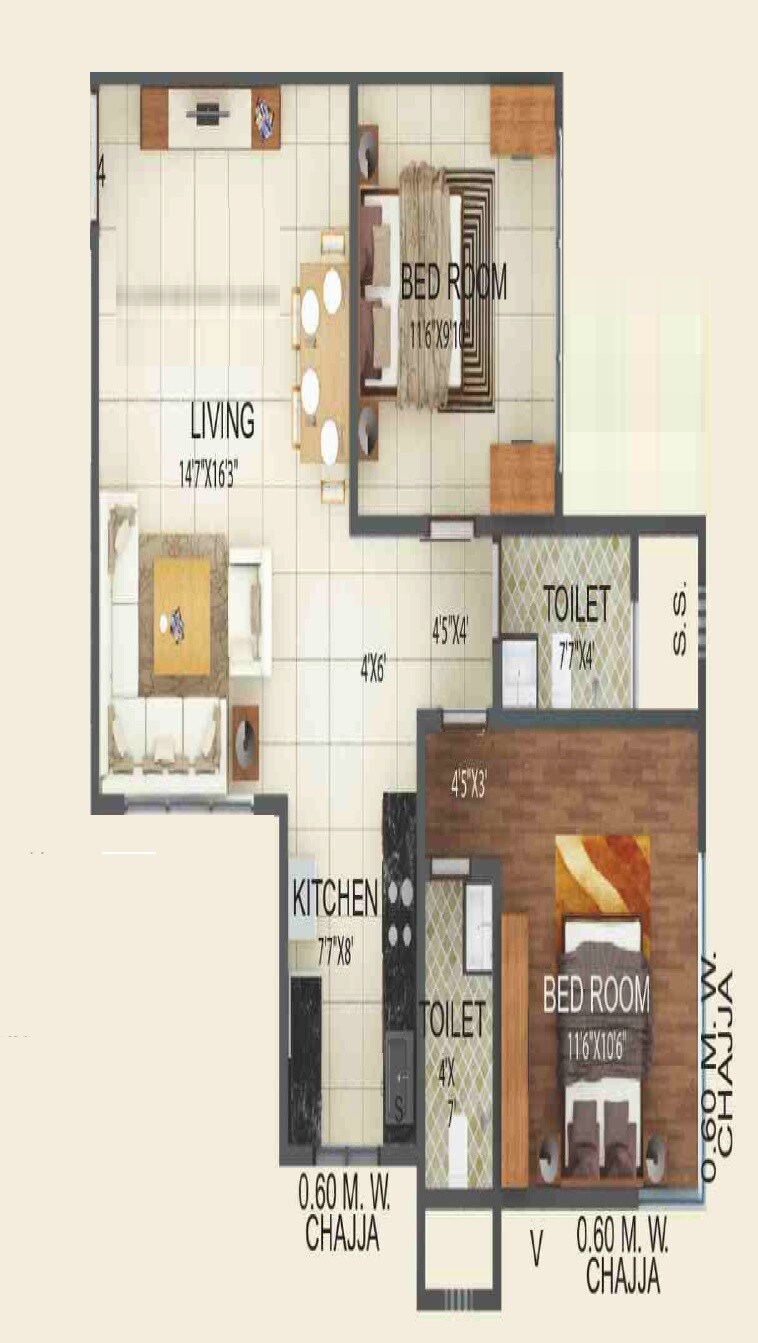Floor plan of 2 BHK 575 Sq. Ft. Apartment in GRPM Zee Heights, Mumbai