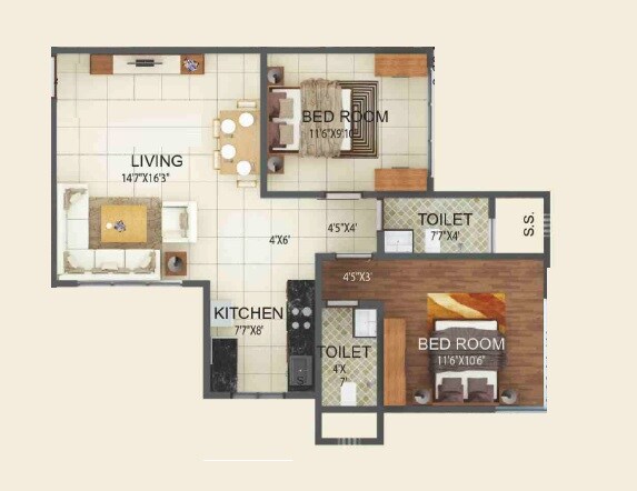 Floor plan of 2 BHK 674 Sq. Ft. Apartment in GRPM Zee Heights, Mumbai