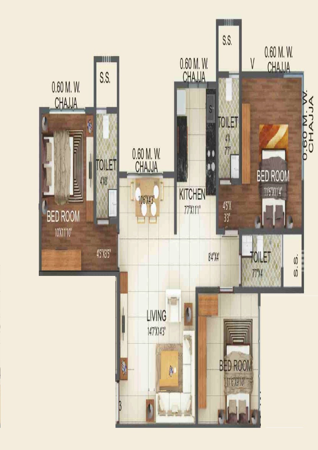Floor plan of 3 BHK 895 Sq. Ft. Apartment in GRPM Zee Heights, Mumbai