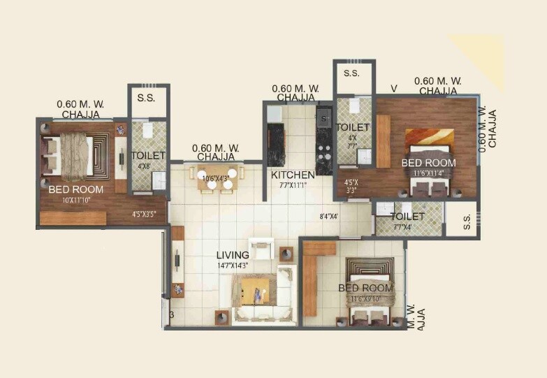Floor plan of 3 BHK 950 Sq. Ft. Apartment in GRPM Zee Heights, Mumbai