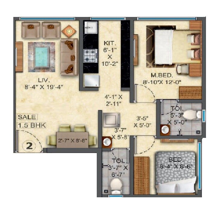 2 BHK 557 Sq. Ft. Apartment