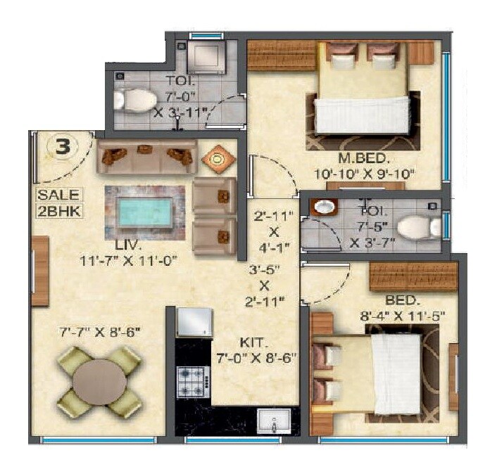 Floor plan of 2 BHK 682 Sq. Ft. Apartment in GS Casa, Mumbai