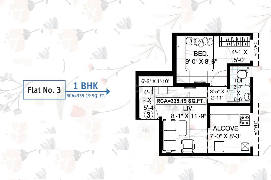 Floor plan of 1 BHK 335 Sq. Ft. Apartment in GS Pearl, Mumbai