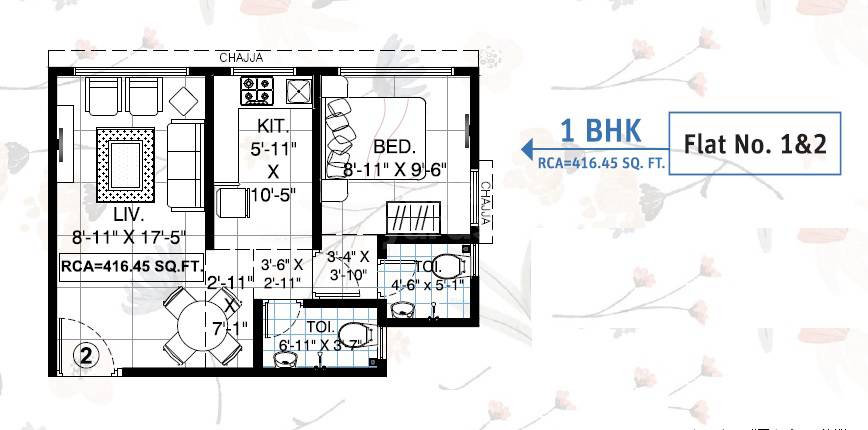 Floor plan of 1 BHK 416 Sq. Ft. Apartment in GS Pearl, Mumbai