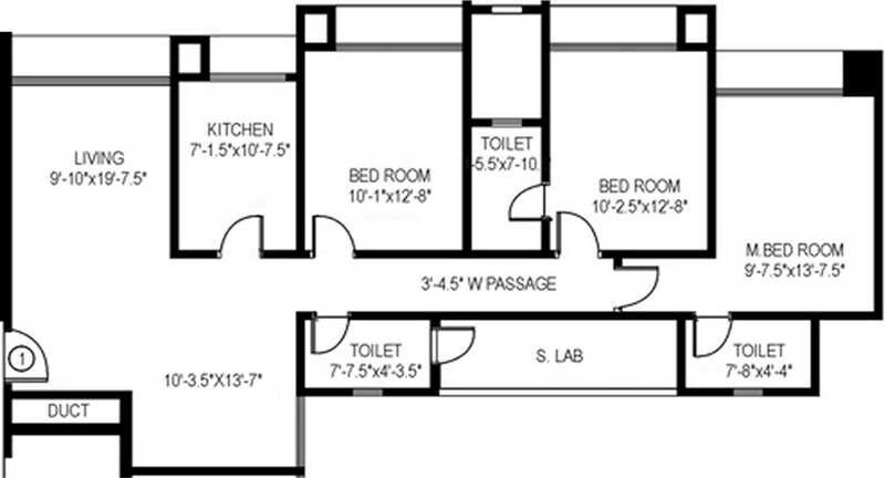 Floor plan of 3 BHK 1535 Sq. Ft. Apartment in Gundecha Altura, Mumbai