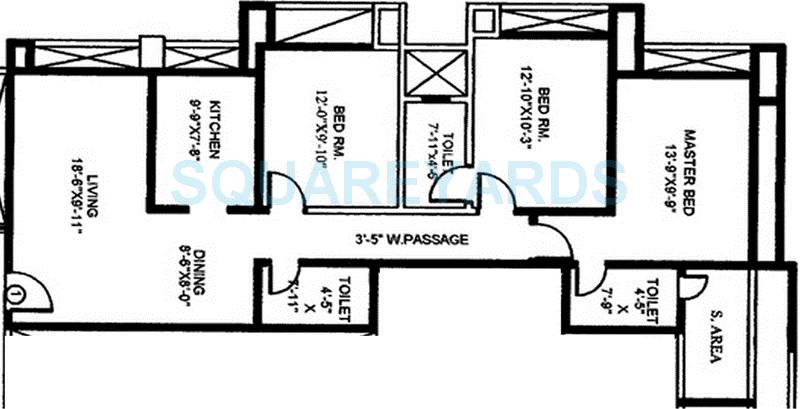 Floor plan of 3 BHK 1550 Sq. Ft. Apartment in Gundecha Builders Heights, Mumbai