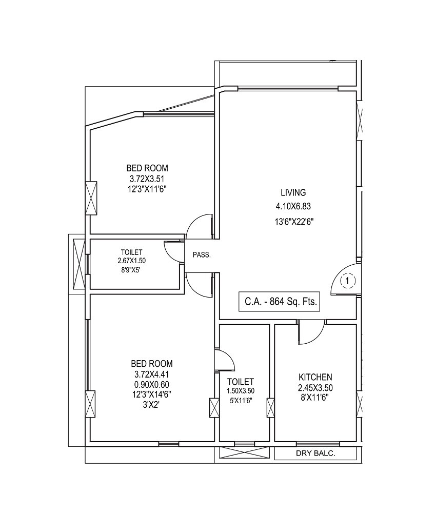 Floor plan of 2 BHK 864 Sq. Ft. Apartment in Gundecha Desire, Mumbai