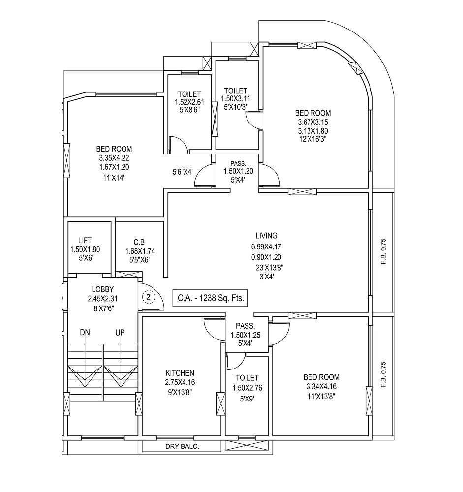 Floor plan of 3 BHK 1238 Sq. Ft. Apartment in Gundecha Desire, Mumbai