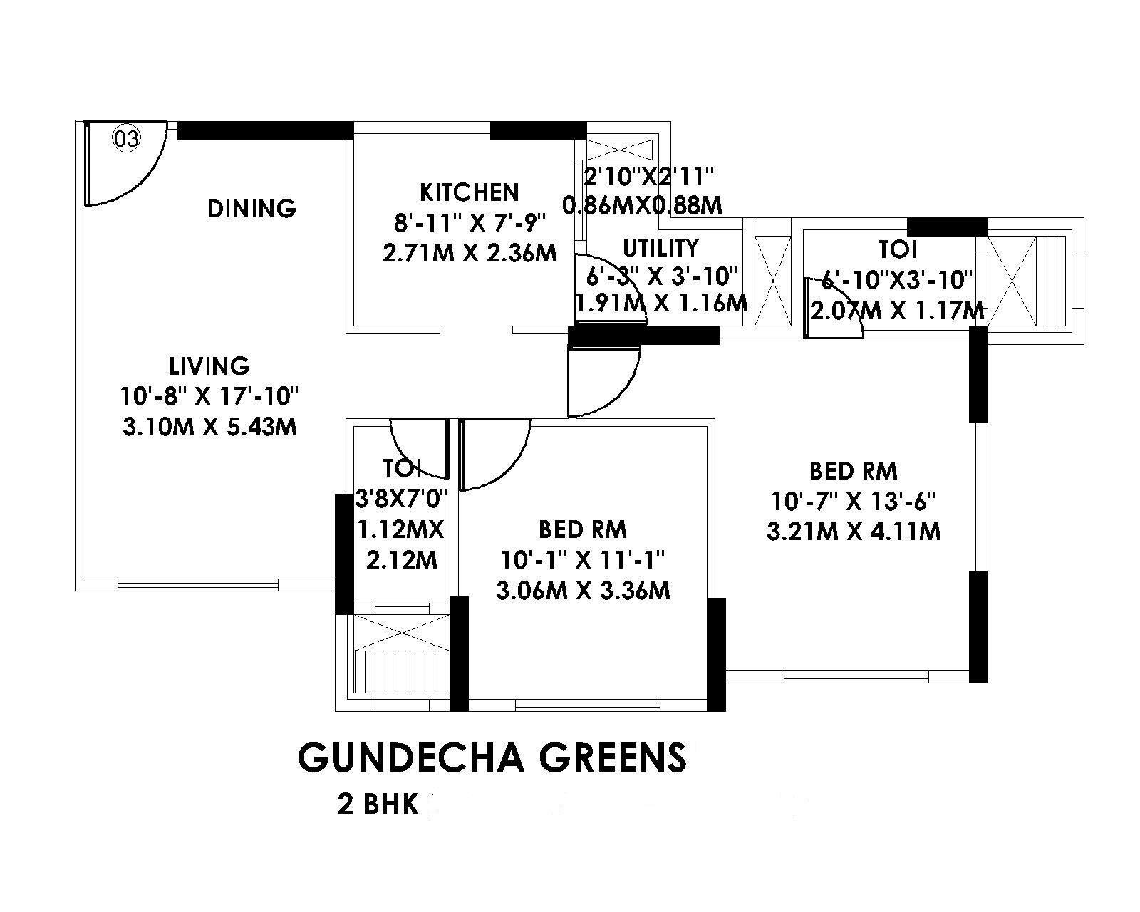 Floor plan of 2 BHK 680 Sq. Ft. Apartment in Gundecha Greens, Mumbai