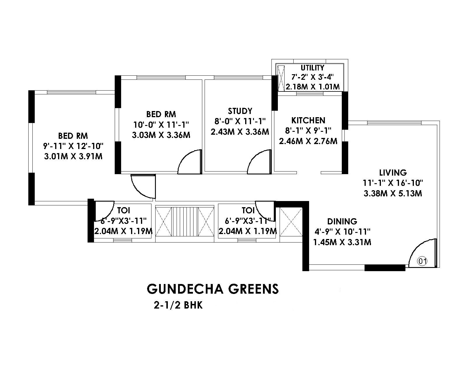 Floor plan of 2 BHK 808 Sq. Ft. Apartment in Gundecha Greens, Mumbai