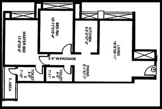 Floor plan of 2 BHK 975 Sq. Ft. Apartment in Gundecha Heights, Mumbai