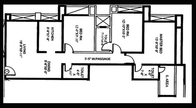 Floor plan of 3 BHK 1550 Sq. Ft. Apartment in Gundecha Heights, Mumbai