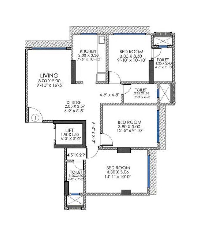 Floor plan of 3 BHK 873 Sq. Ft. Apartment in Gundecha Sharda Villa, Mumbai
