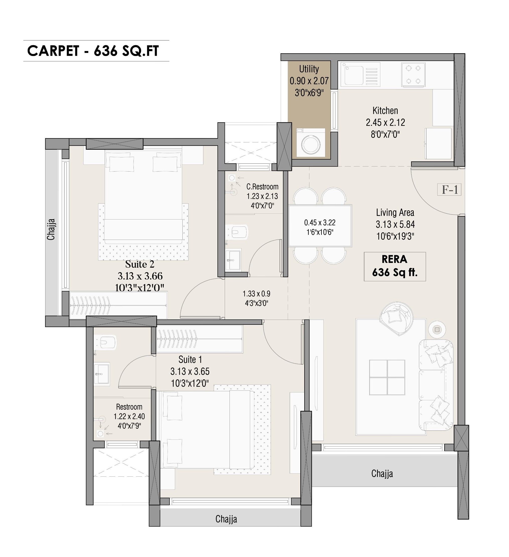 2 BHK 636 Sq. Ft. Apartment