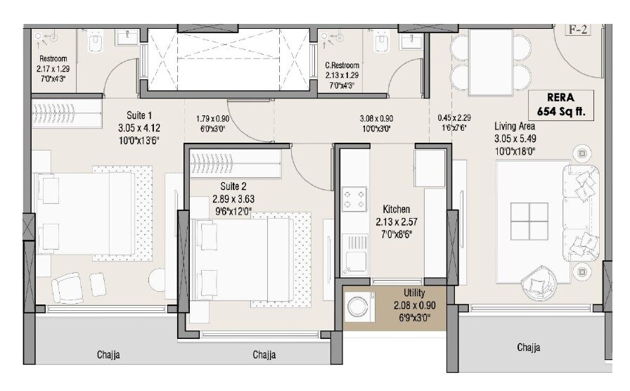 2 BHK 654 Sq. Ft. Apartment