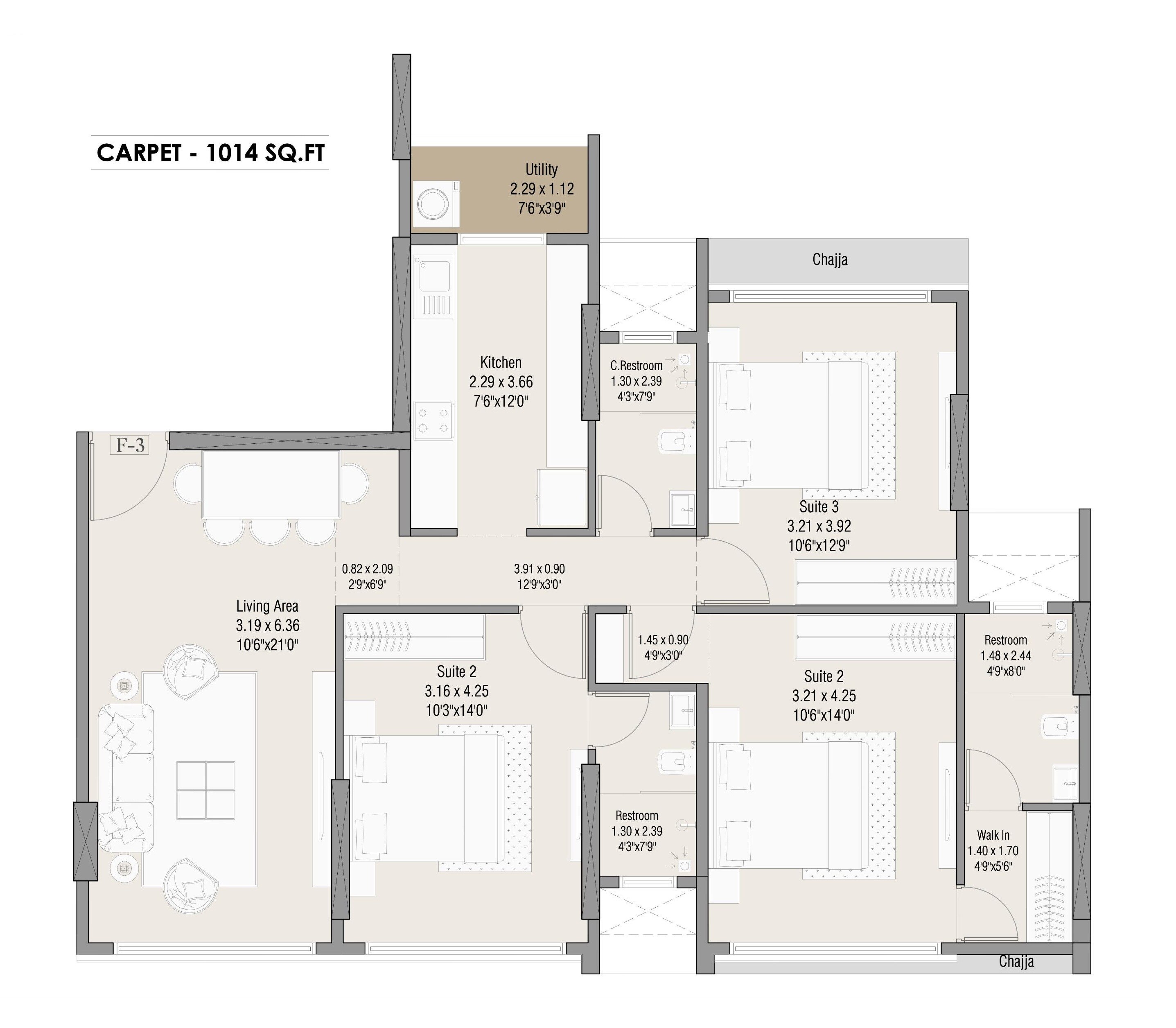 3 BHK 1014 Sq. Ft. Apartment