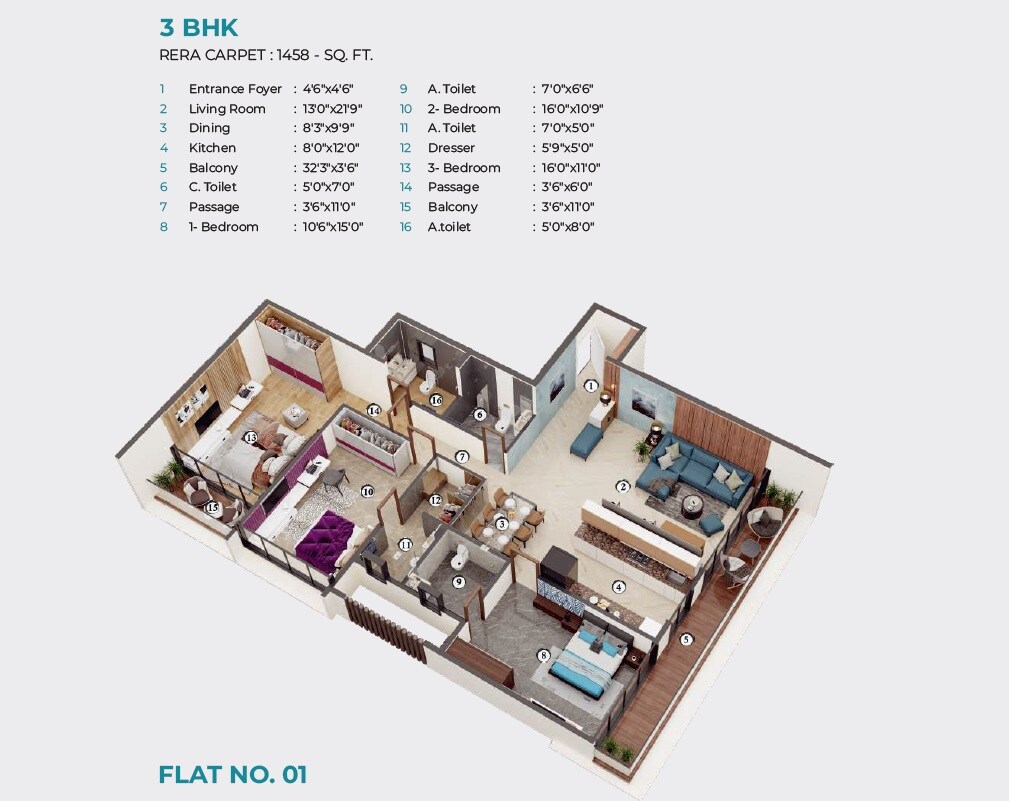 Floor plan of 3 BHK 1458 Sq. Ft. Apartment in Gurukrupa Alaknanda, Mumbai