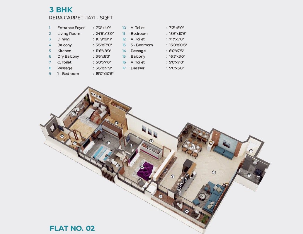 Floor plan of 3 BHK 1471 Sq. Ft. Apartment in Gurukrupa Alaknanda, Mumbai