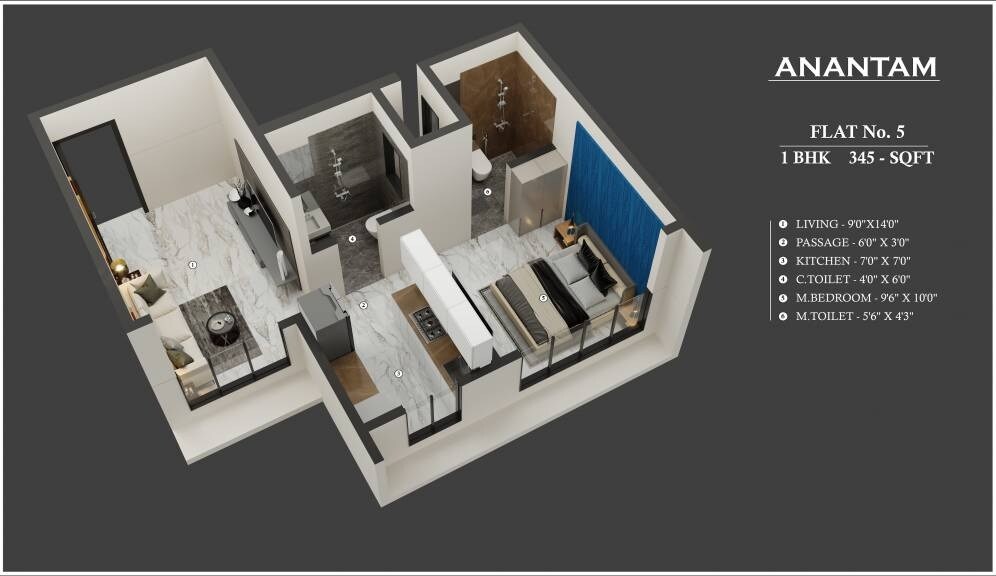Floor plan of 1 BHK 345 Sq. Ft. Apartment in Gurukrupa Anantam, Mumbai