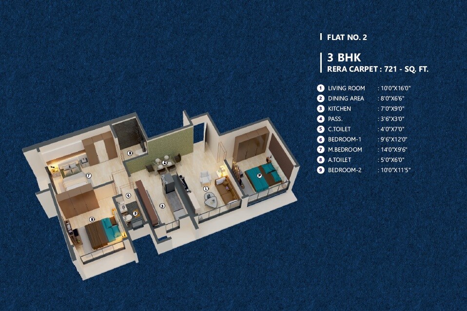 Floor plan of 3 BHK 721 Sq. Ft. Apartment in Gurukrupa Darshanam, Mumbai