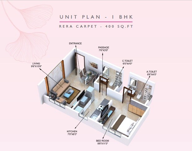 Floor plan of 1 BHK 400 Sq. Ft. Apartment in Gurukrupa Devam Majesty, Mumbai