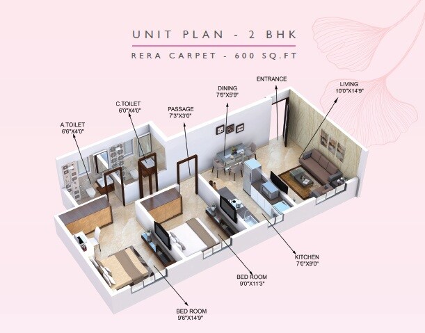 Floor plan of 2 BHK 600 Sq. Ft. Apartment in Gurukrupa Devam Majesty, Mumbai