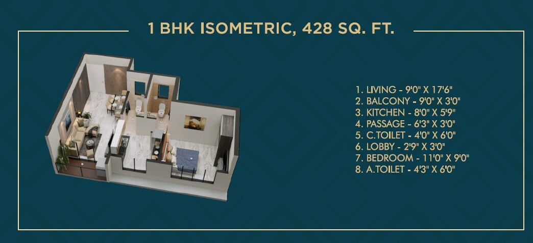 Floor plan of 1 BHK 428 Sq. Ft. Apartment in Gurukrupa Divyam, Mumbai
