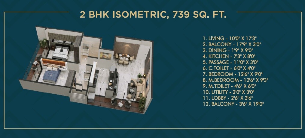 Floor plan of 2 BHK 739 Sq. Ft. Apartment in Gurukrupa Divyam, Mumbai