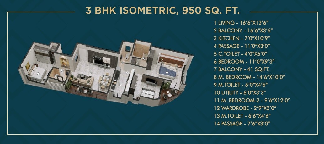 Floor plan of 3 BHK 950 Sq. Ft. Apartment in Gurukrupa Divyam, Mumbai