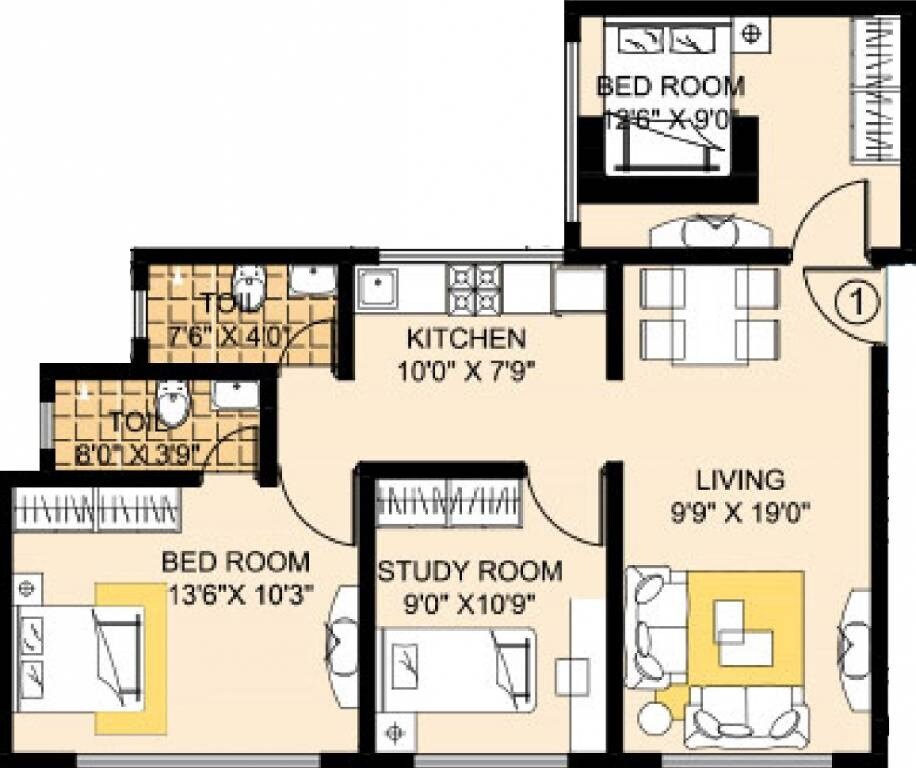 Floor plan of 2 BHK 980 Sq. Ft. Apartment in Gurukrupa Golden Arch, Mumbai