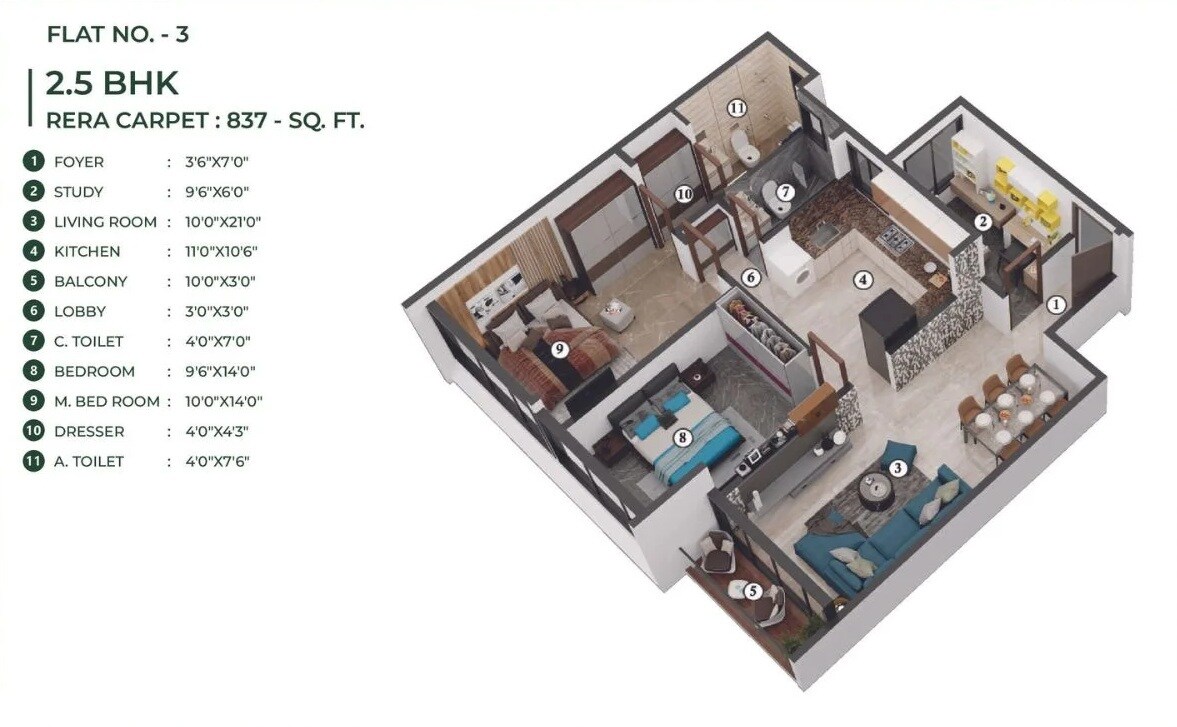 2 BHK 837 Sq. Ft. Apartment