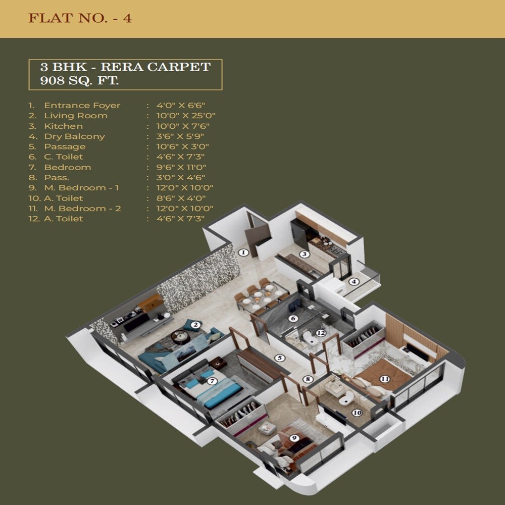 Floor plan of 3 BHK 908 Sq. Ft. Apartment in Gurukrupa Gyanam, Mumbai