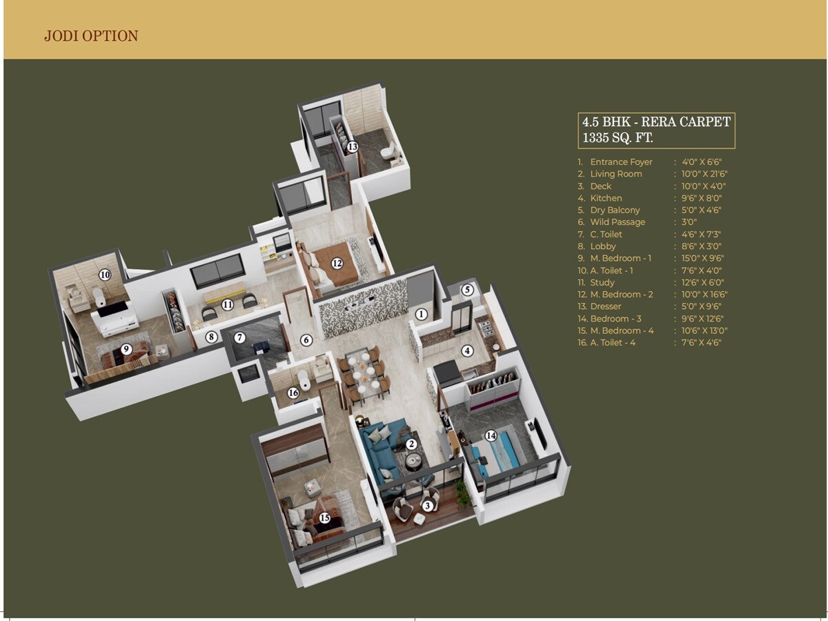 Floor plan of 4 BHK 1355 Sq. Ft. Apartment in Gurukrupa Gyanam, Mumbai