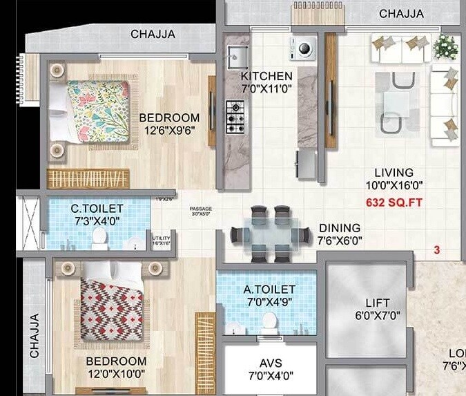 Floor plan of 2 BHK 632 Sq. Ft. Apartment in Gurukrupa Labham, Mumbai