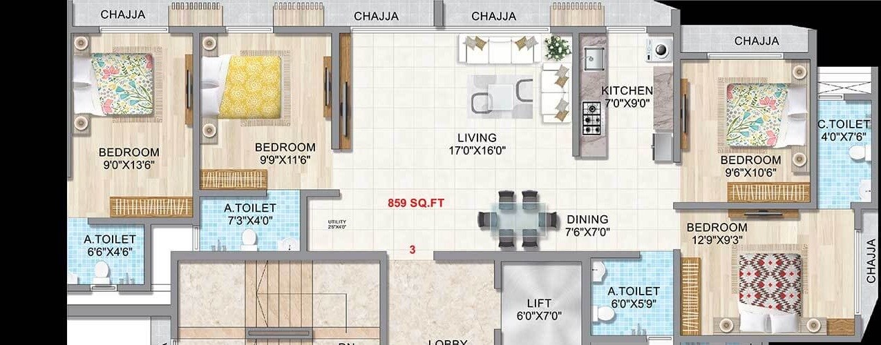 Floor plan of 3 BHK 859 Sq. Ft. Apartment in Gurukrupa Labham, Mumbai