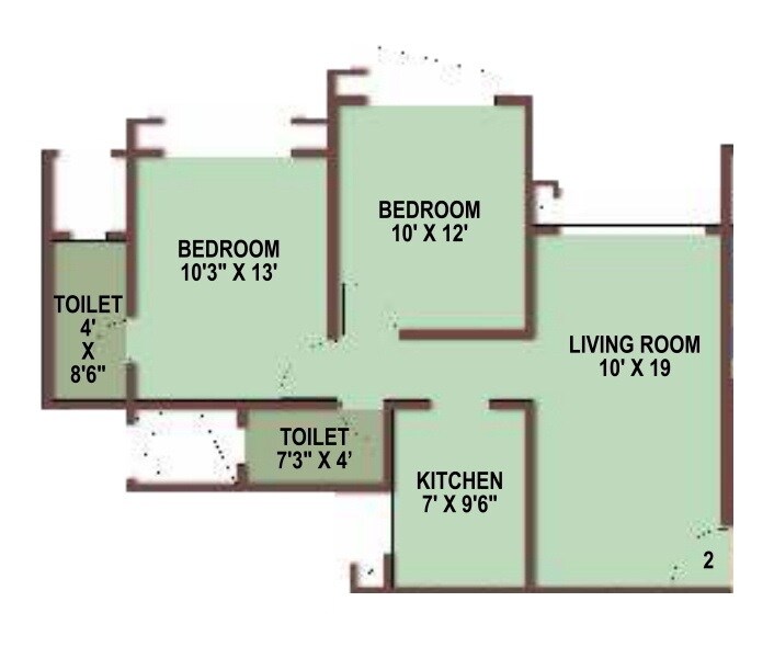 Floor plan of 2 BHK 645 Sq. Ft. Apartment in Gurukrupa Marina Enclave, Mumbai