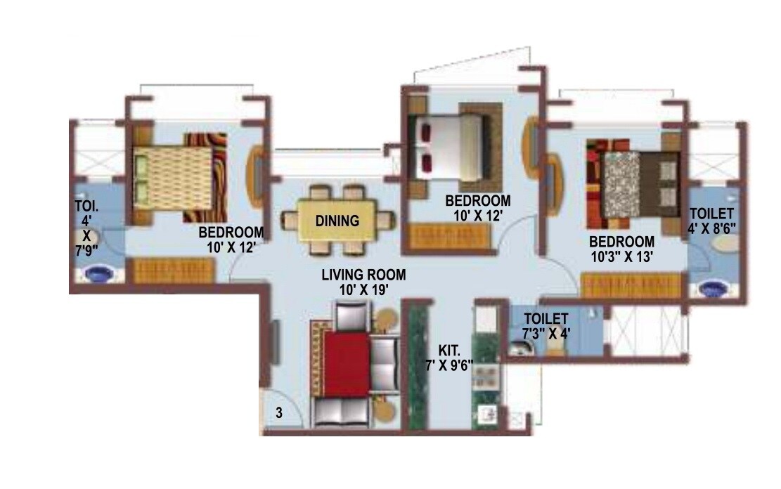 Floor plan of 3 BHK 938 Sq. Ft. Apartment in Gurukrupa Marina Enclave, Mumbai