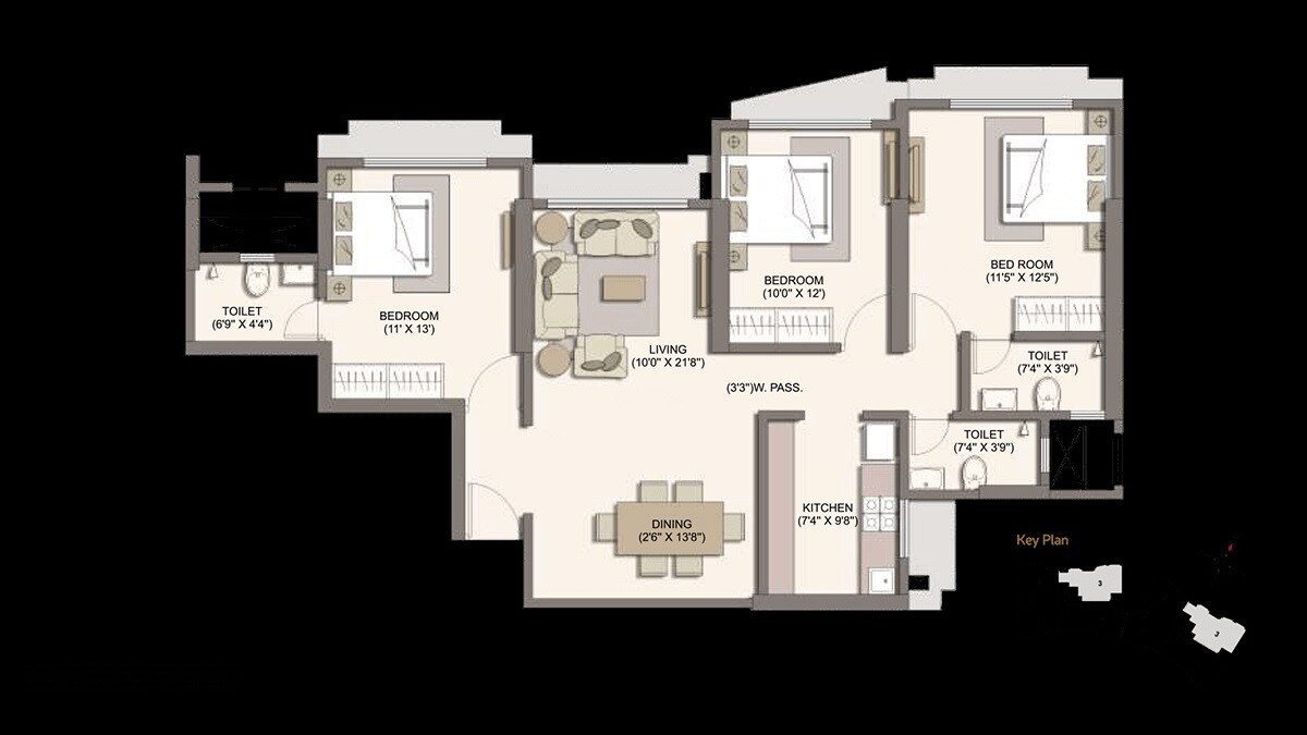 Floor plan of 3 BHK 938 Sq. Ft. Apartment in Gurukrupa Marina Enclave Wing K And L Phase I, Mumbai
