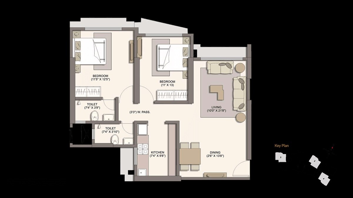Floor plan of 2 BHK 634 Sq. Ft. Apartment in Gurukrupa Marina Enclave Wings M N Phase II, Mumbai