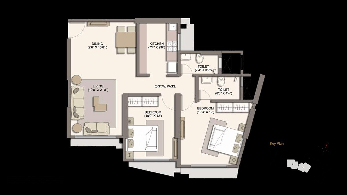 Floor plan of 2 BHK 741 Sq. Ft. Apartment in Gurukrupa Marina Enclave Wings M N Phase II, Mumbai