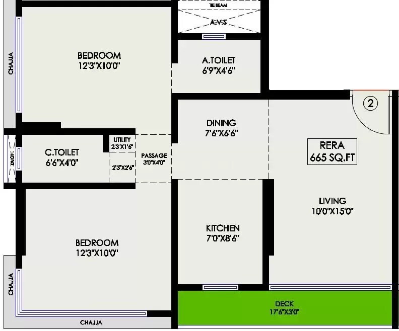 Floor plan of 2 BHK 665 Sq. Ft. Apartment in Gurukrupa Nigam, Mumbai