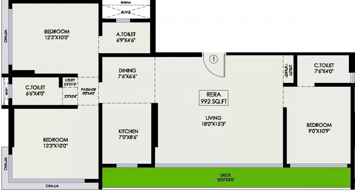 Floor plan of 3 BHK 992 Sq. Ft. Apartment in Gurukrupa Nigam, Mumbai