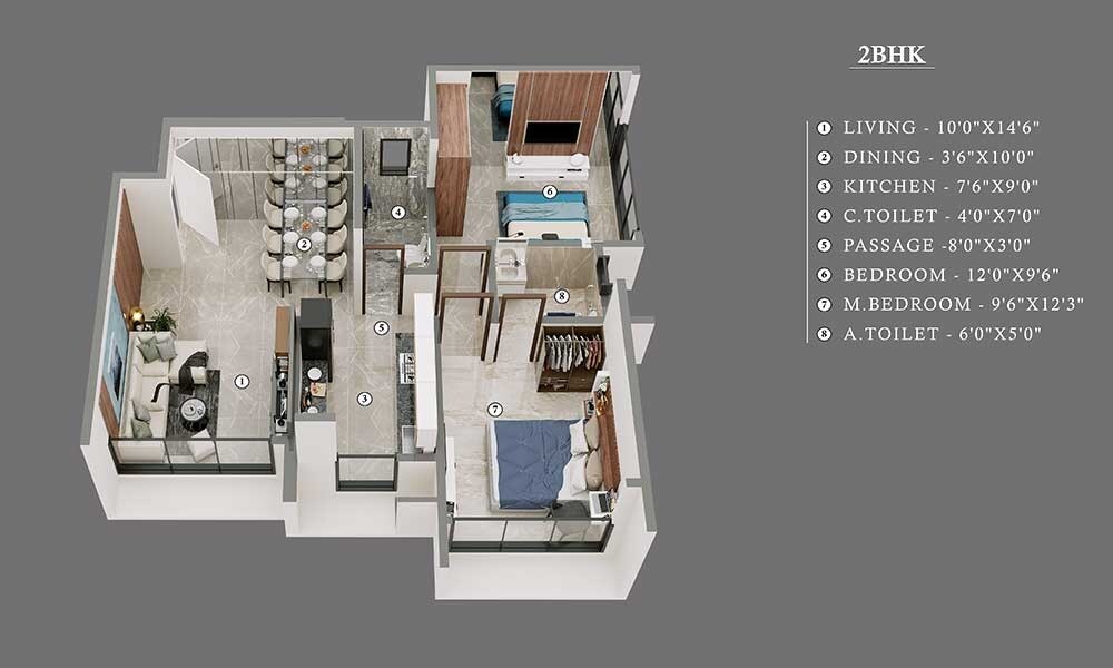 Floor plan of 2 BHK 625 Sq. Ft. Apartment in Gurukrupa Nirmalam, Mumbai