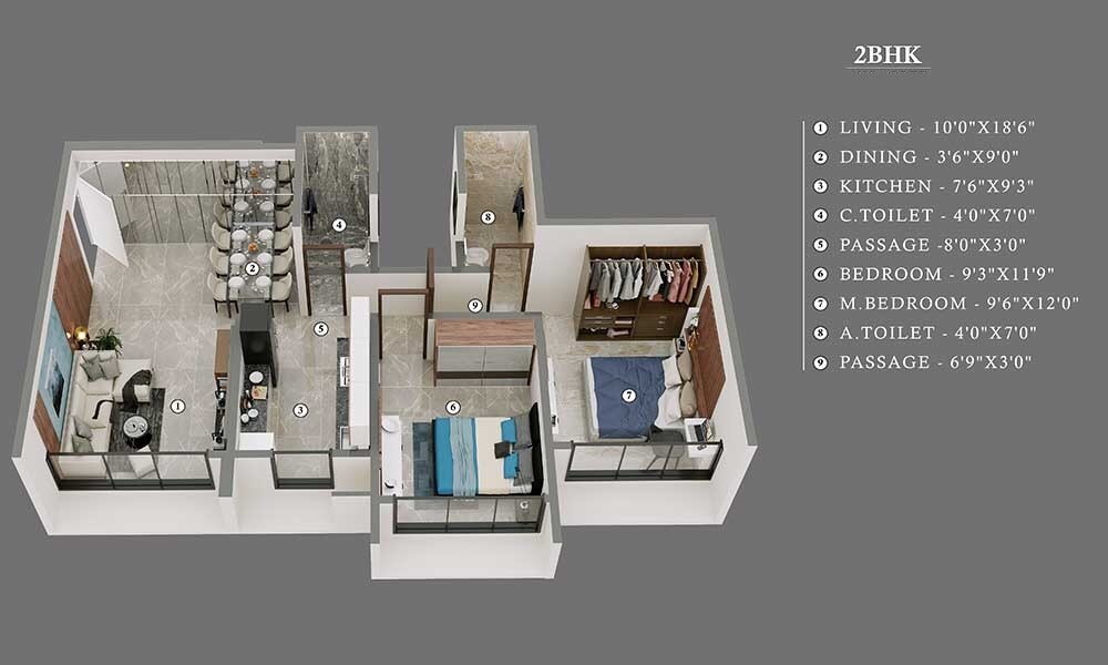 Floor plan of 2 BHK 635 Sq. Ft. Apartment in Gurukrupa Nirmalam, Mumbai