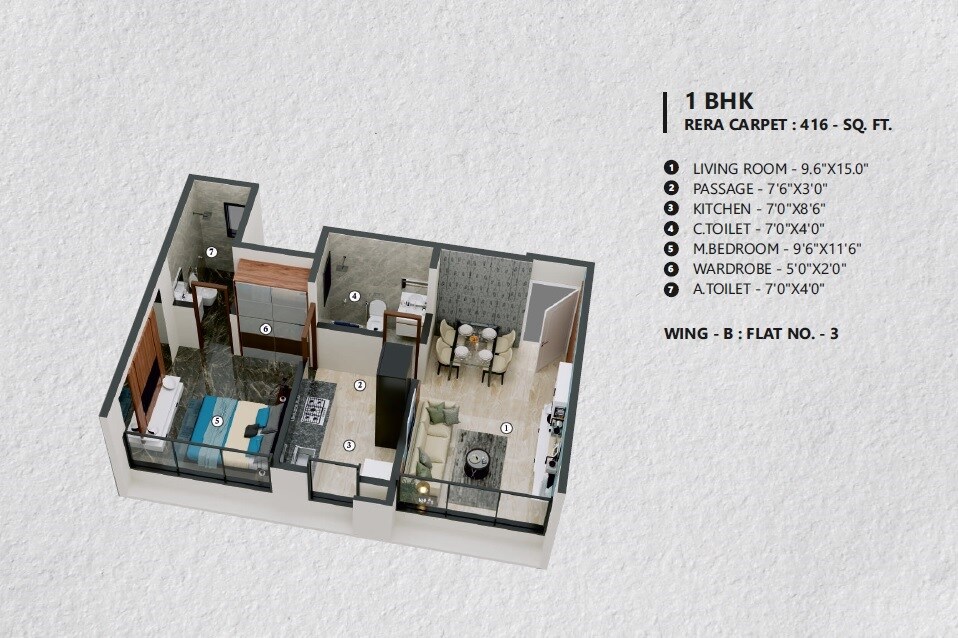Floor plan of 1 BHK 416 Sq. Ft. Apartment in Gurukrupa Sharanam, Mumbai