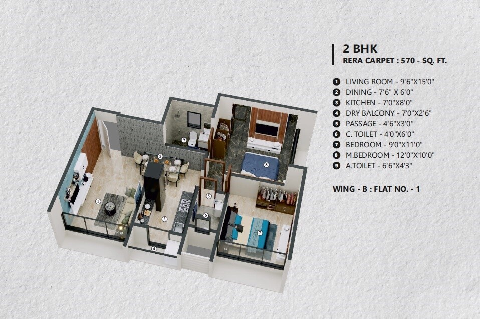 Floor plan of 2 BHK 570 Sq. Ft. Apartment in Gurukrupa Sharanam, Mumbai
