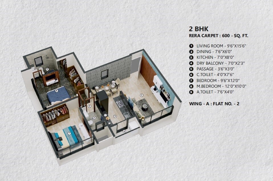 Floor plan of 2 BHK 600 Sq. Ft. Apartment in Gurukrupa Sharanam, Mumbai