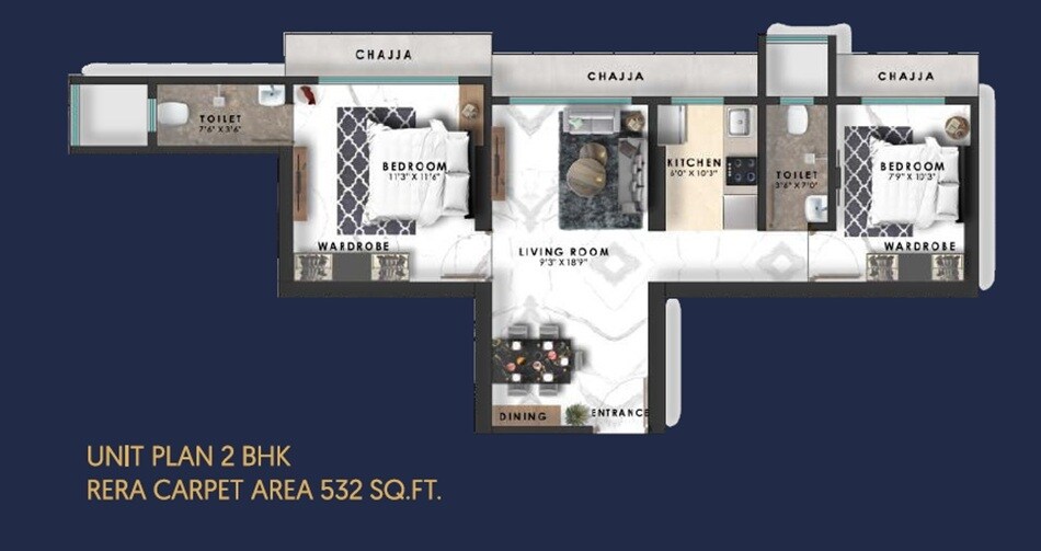 Floor plan of 2 BHK 532 Sq. Ft. Apartment in Gurukrupa Shiv Sagar, Mumbai