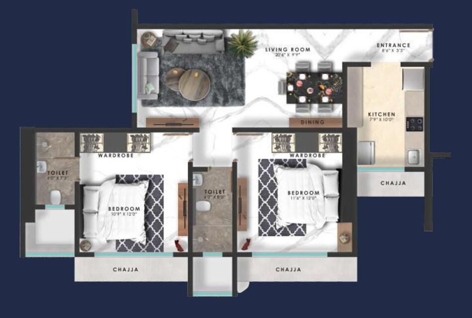 2 BHK 682 Sq. Ft. Apartment