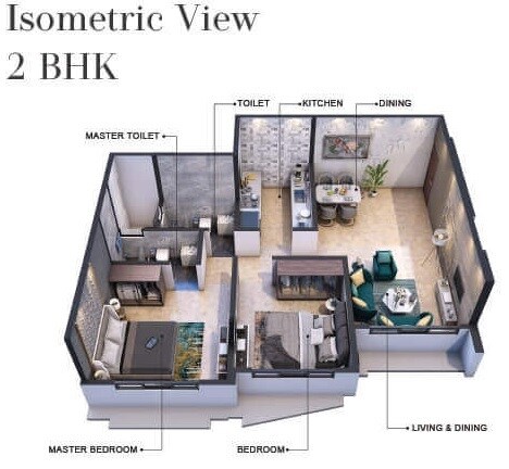 Floor plan of 2 BHK 634 Sq. Ft. Apartment in Gurukrupa Smiles Marina Enclave, Mumbai